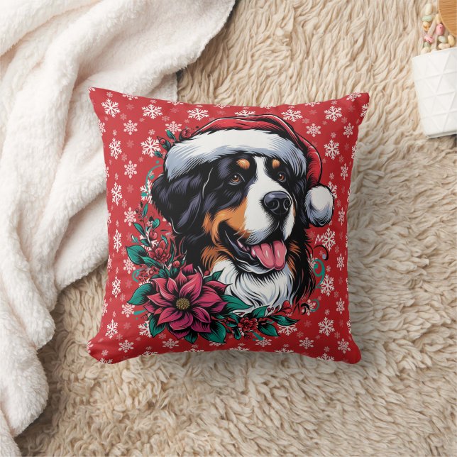 Happy Christmas Bernese Mountain Dog Santa Hat Throw Pillow (Blanket)