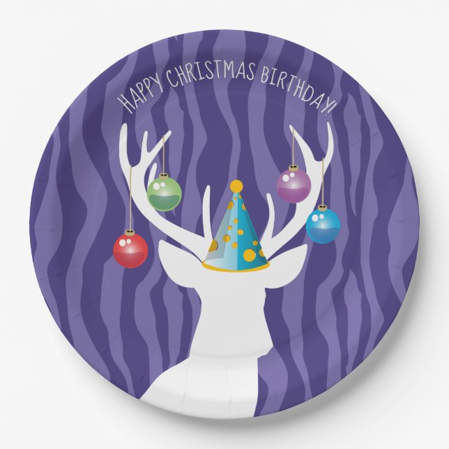 Happy Christmas Birthday Deer Party Paper Plate (Front)