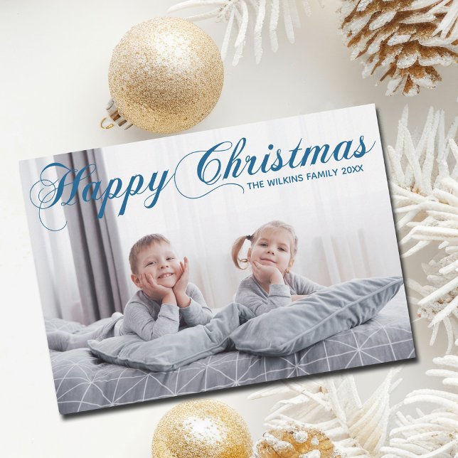 Happy Christmas Blue Elegant Cursive Script  Photo Holiday Card (Creator Uploaded)