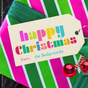 happy Christmas bold Colourful Personalized Rainbo Gift Tags