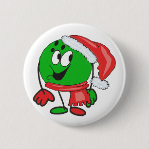 Happy christmas bowling ball wearing a santa cap 2 inch round button