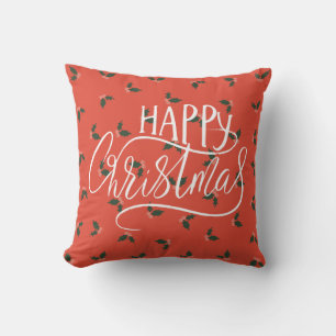 Happy Christmas Calligraphy Holly Berries Pattern Throw Pillow