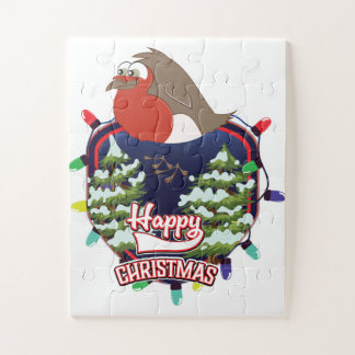 Happy Christmas cartoon Robin logo Jigsaw Puzzle