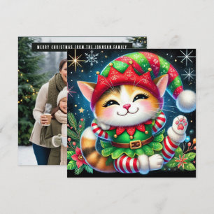 Happy Christmas Cute calico cat Elf Holiday Card