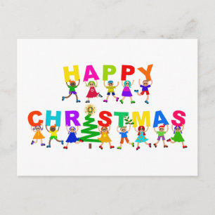 Happy Christmas Cute Cartoon Diverse Kids Text Postcard