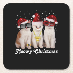 Happy Christmas Cute Cat With Santa Claus Square Paper Coaster