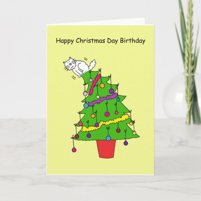 Happy Christmas Day Birthday, Cartoon Cat. Holiday Card (Front)