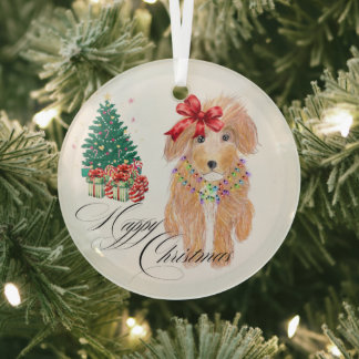 Happy Christmas Dog Sitting Glass Ornament