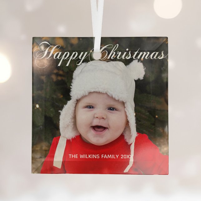 Happy Christmas Elegant White Script Baby Photo Glass Ornament (Creator Uploaded)
