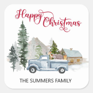 Happy Christmas Envelope Seal Rustic Truck Woods