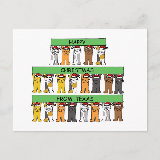 Happy Christmas from Texas Cartoon Cats Holiday Postcard (Front)