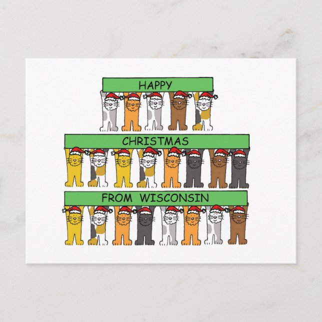 Happy Christmas from Wisconsin Cartoon Cats Holiday Postcard (Front)