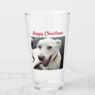 Happy Christmas Funny Smiling Dog Red Holiday Glass