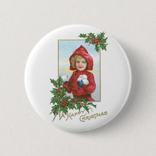Happy Christmas Girl with Snowballs 2 Inch Round Button