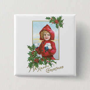 Happy Christmas Girl with Snowballs 2 Inch Square Button