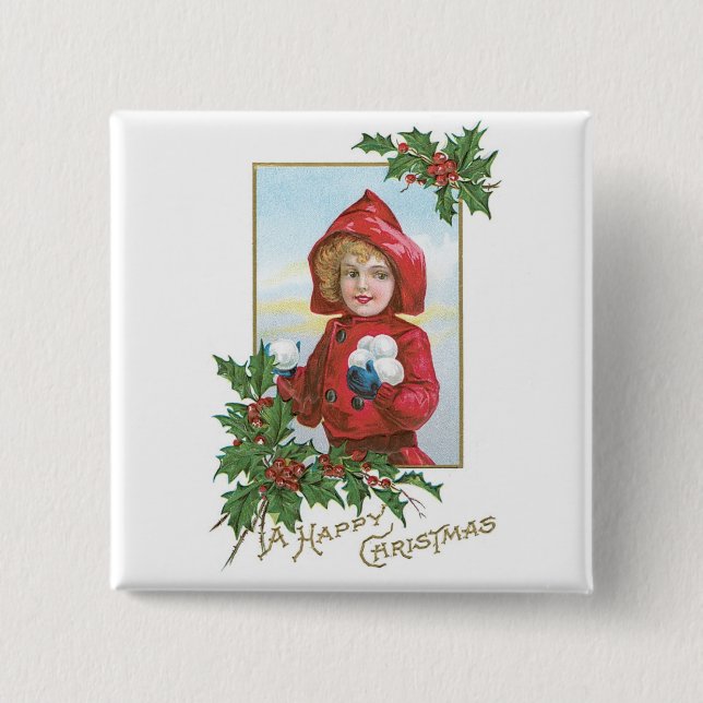 Happy Christmas Girl with Snowballs 2 Inch Square Button (Front)