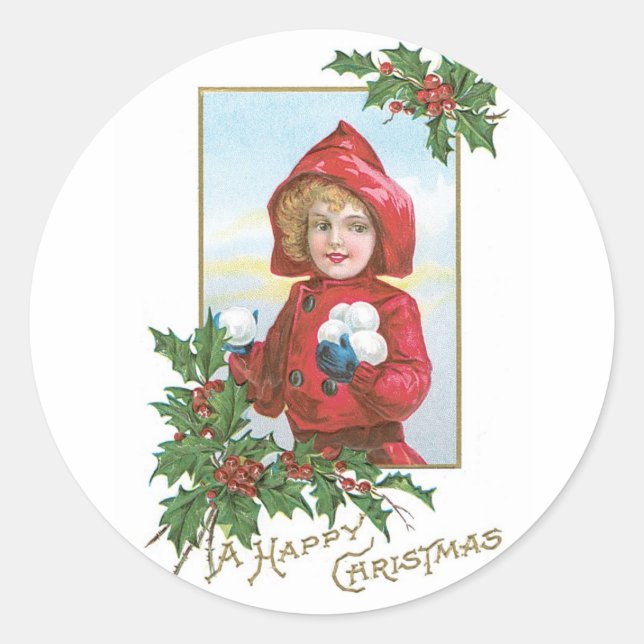 Happy Christmas Girl with Snowballs Classic Round Sticker (Front)