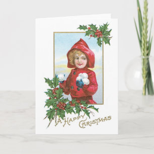 Happy Christmas Girl with Snowballs Holiday Card