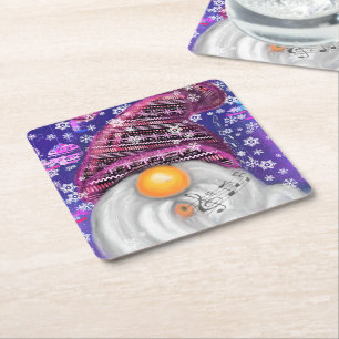Happy Christmas Gnome In Purple Hat Paper Coaster