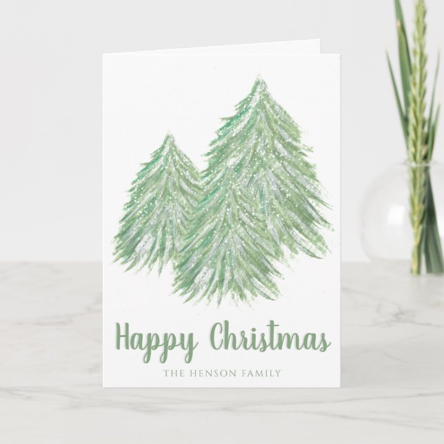 Happy Christmas Green Watercolor Christmas Tree Holiday Card (Front)