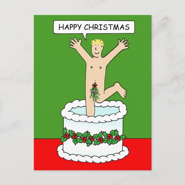 Happy Christmas Man Jumping From a Cake Postcard (Front)