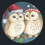 HAPPY CHRISTMAS OWL CLASSIC ROUND Sticker<br><div class="desc">CHARMING WATERCOLOR ILLUSTRATION DEPICTS TWO OWLS IN LOVE AT CHRISTMAS</div>