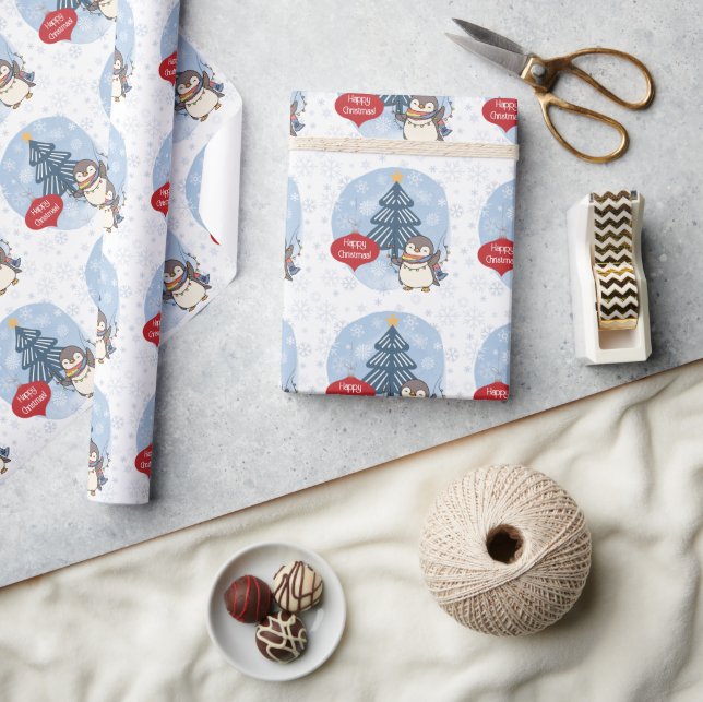 Happy Christmas Penguin and Snowflakes Wrapping Paper (Crafts)