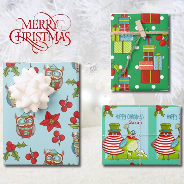 Happy Christmas Personalize Name Quirky Bird 3 Wrapping Paper Sheet (Creator Uploaded)