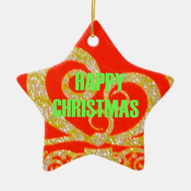Happy Christmas Red and Gold Collection. Ceramic Ornament (Front)