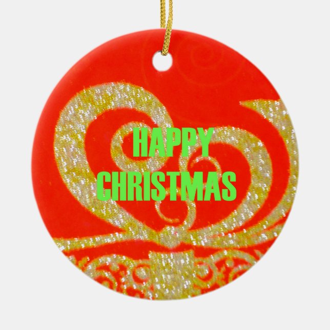 Happy Christmas Red and Gold Collection. Ceramic Ornament (Front)