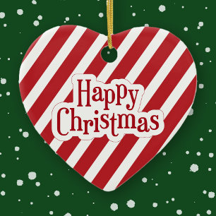 Happy Christmas Red And White Candy Cane Family Ceramic Ornament