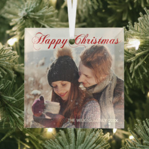 Happy Christmas Red Elegant Script Family Photo Glass Ornament