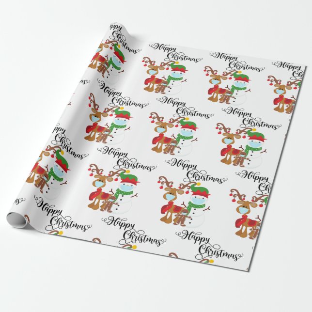 Happy Christmas Rudolph 2020 Covid Snowman Wrapping Paper (Unrolled)