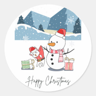 Happy Christmas Santa Cat and Snowman Classic Round Sticker