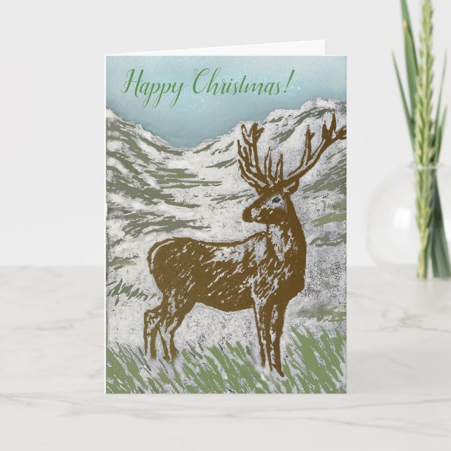 Happy Christmas Scottish Deer Snowy Glen Linocut Holiday Card (Front)