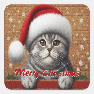 Happy Christmas Scottish Fold Cat, Xmas Santa Cat Square Sticker