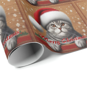 Happy Christmas Scottish Fold Cat, Xmas Santa Cat Wrapping Paper