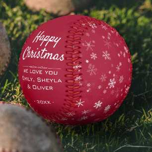 Happy Christmas Script Red Snowflake Pattern Baseball