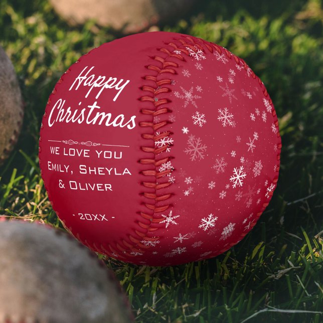 Happy Christmas Script Red Snowflake Pattern Baseball (Creator Uploaded)