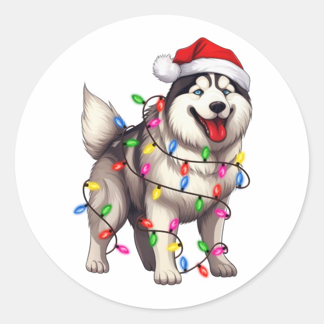 Happy Christmas Siberian Husky with Santa Hat Classic Round Sticker (Front)