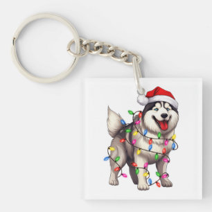 Happy Christmas Siberian Husky with Santa Hat Keychain
