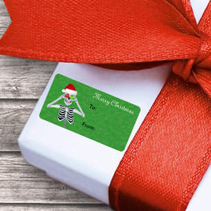 Happy Christmas Skeleton Ornament Eyes Green gold Label
