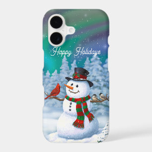 Happy Christmas Snowman & Birds Winter Scene