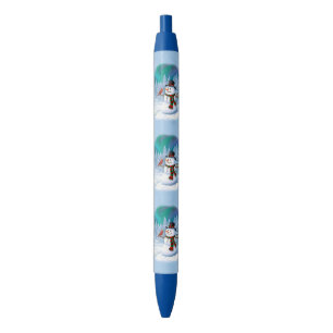 Happy Christmas Snowman & Birds Winter Scene Blue Ink Pen