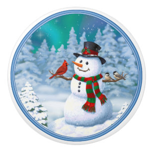 Happy Christmas Snowman & Birds Winter Scene Ceramic Knob