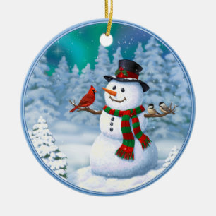 Happy Christmas Snowman & Birds Winter Scene Ceramic Ornament