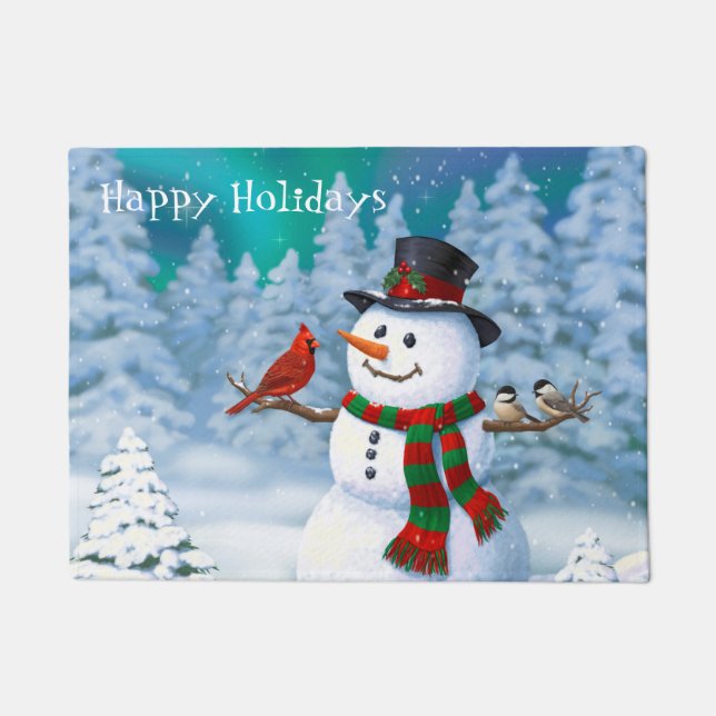 Happy Christmas Snowman & Birds Winter Scene Doormat (Front)