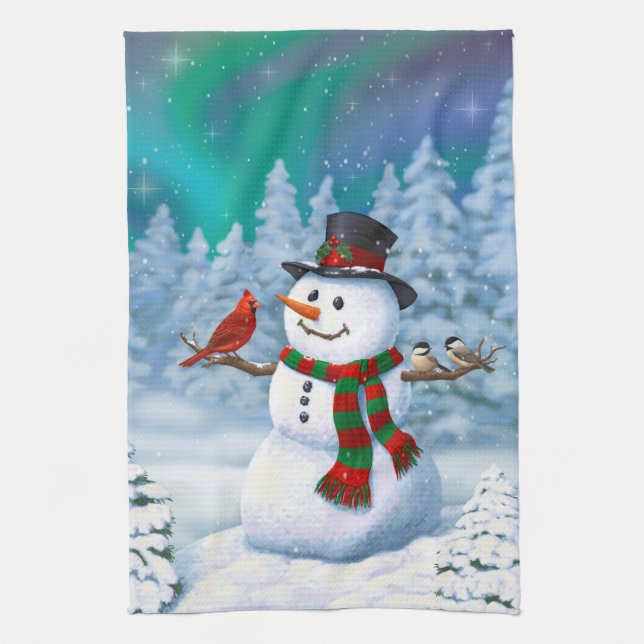Happy Christmas Snowman & Birds Winter Scene Kitchen Towel (Vertical)