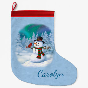 Happy Christmas Snowman & Birds Winter Scene Large Christmas Stocking