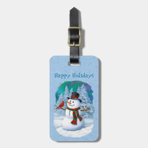 Happy Christmas Snowman & Birds Winter Scene Luggage Tag